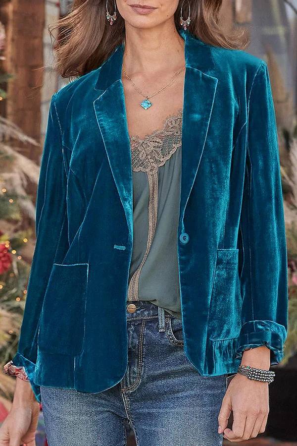 Solid Velvet One Button Long Sleeve Blazer