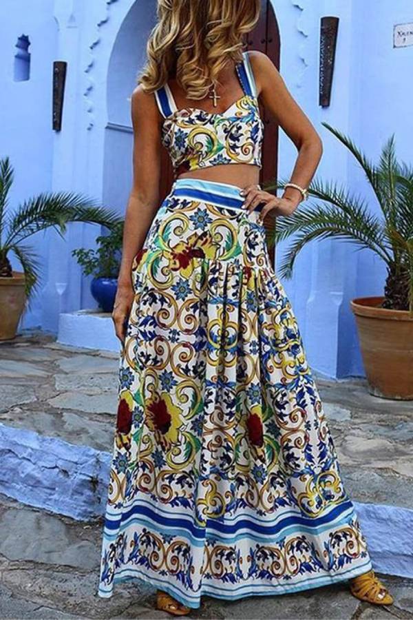 Beach Temperament Halter Print Dress Two-Piece Set