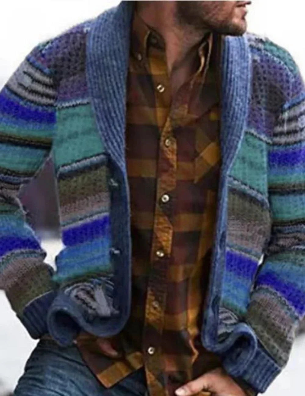 Men's loose printed long sleeved knitted cardigan coat