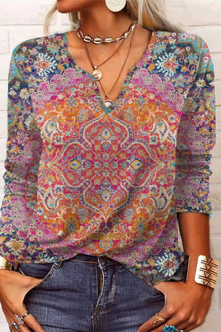Vintage Print V-Neck Long Sleeve Casual T-Shirt