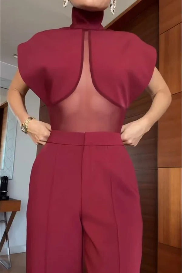 Vita Mesh Patchwork High Neck Wide Sleeve Bodysuit and High Rise Pocket Slit Pants Set
