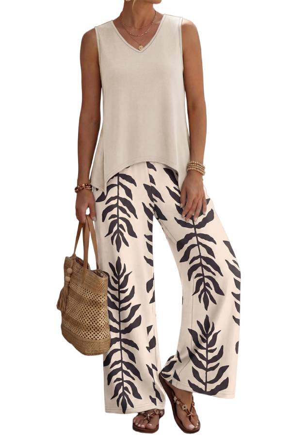 V Neck Sleeveless Tank Leaf Print Wide Leg Pants 2 Piece Vacation Set