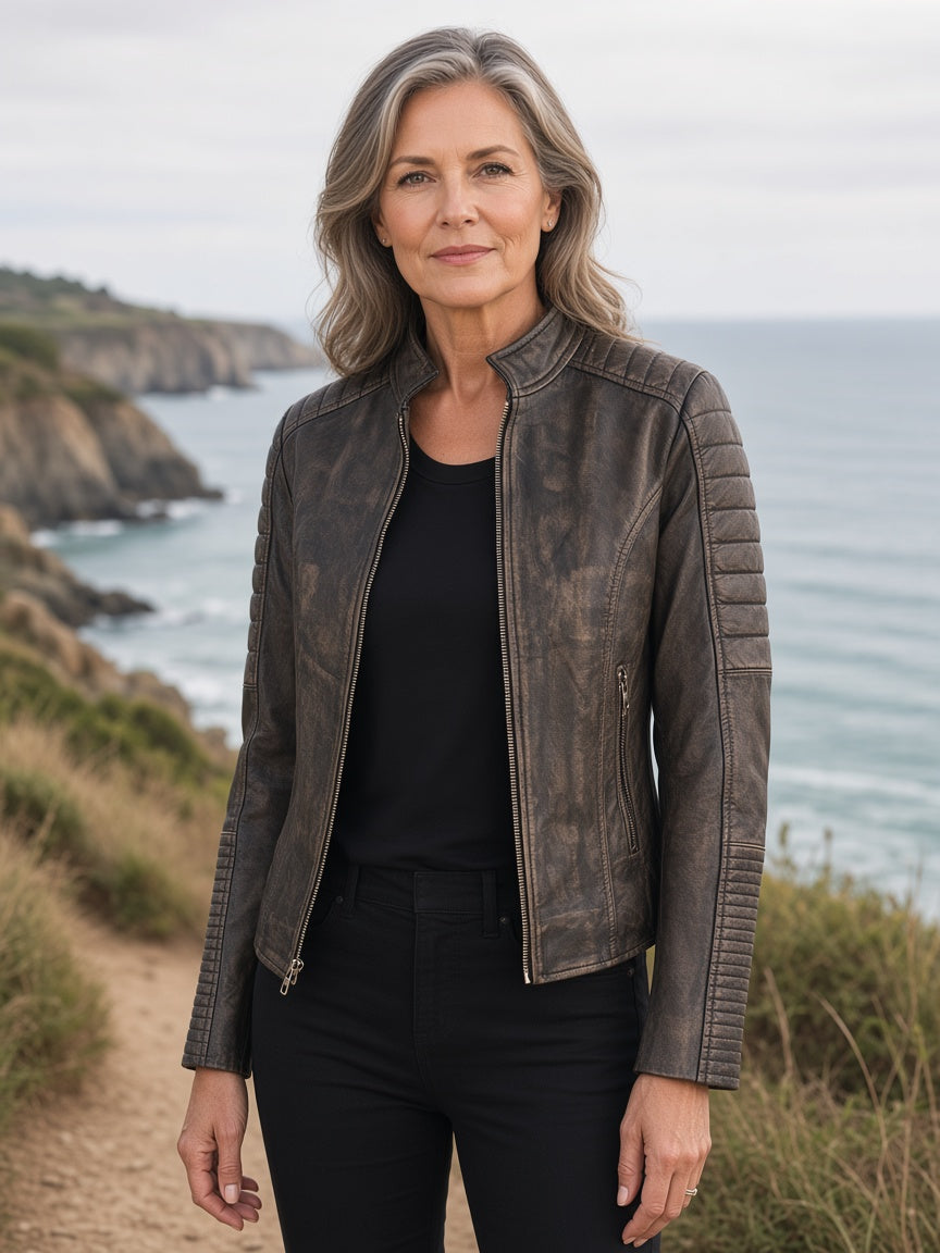 Adalyn Quilted Distressed Brown Leather Biker Jacket