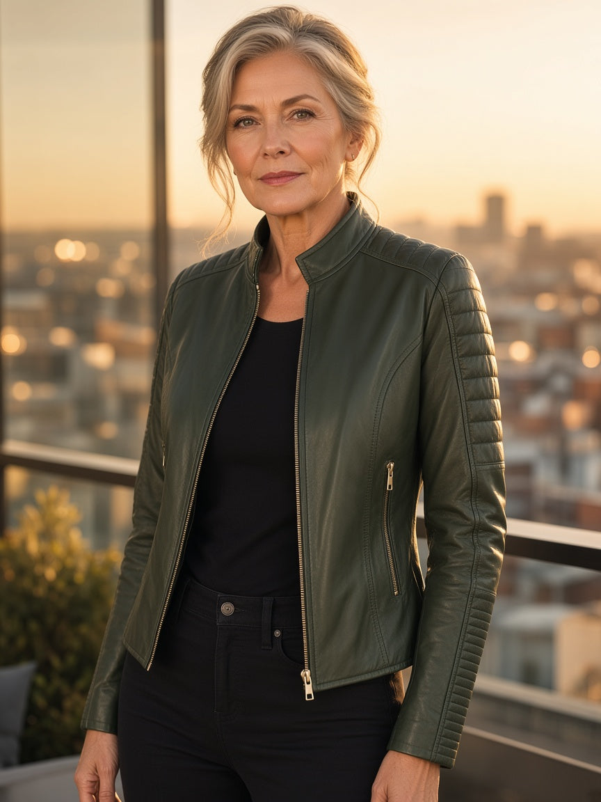 Adalyn Quilted Green Leather Biker Jacket