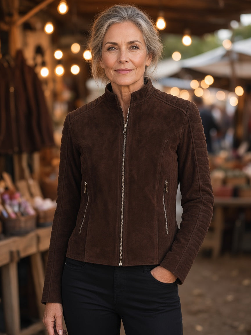 Adalyn Quilted Mocha Suede Biker Jacket