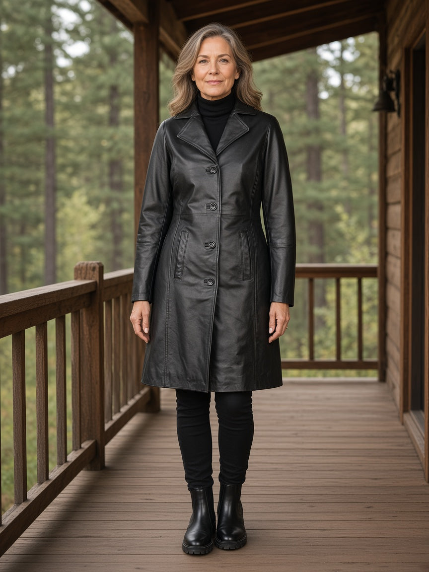 Alexis Black Single Breasted Leather Coat