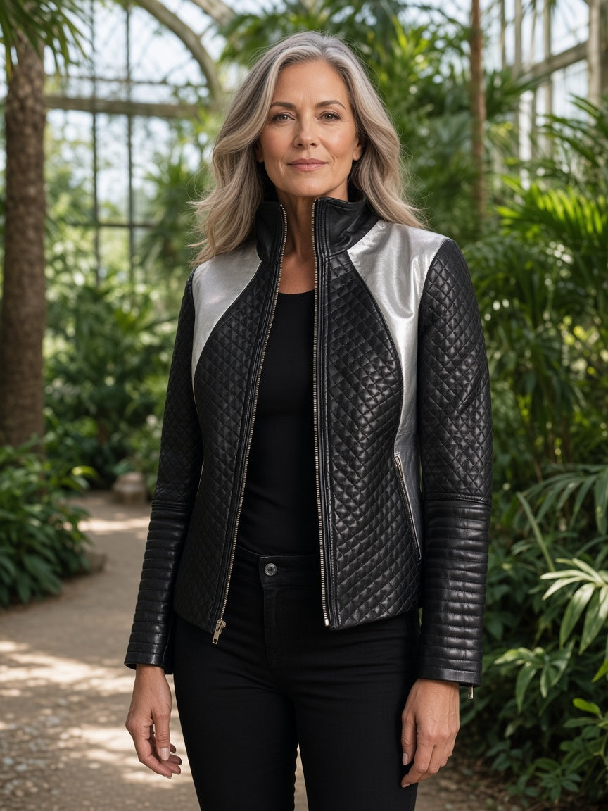 Alia Metallic Black Leather Biker Jacket