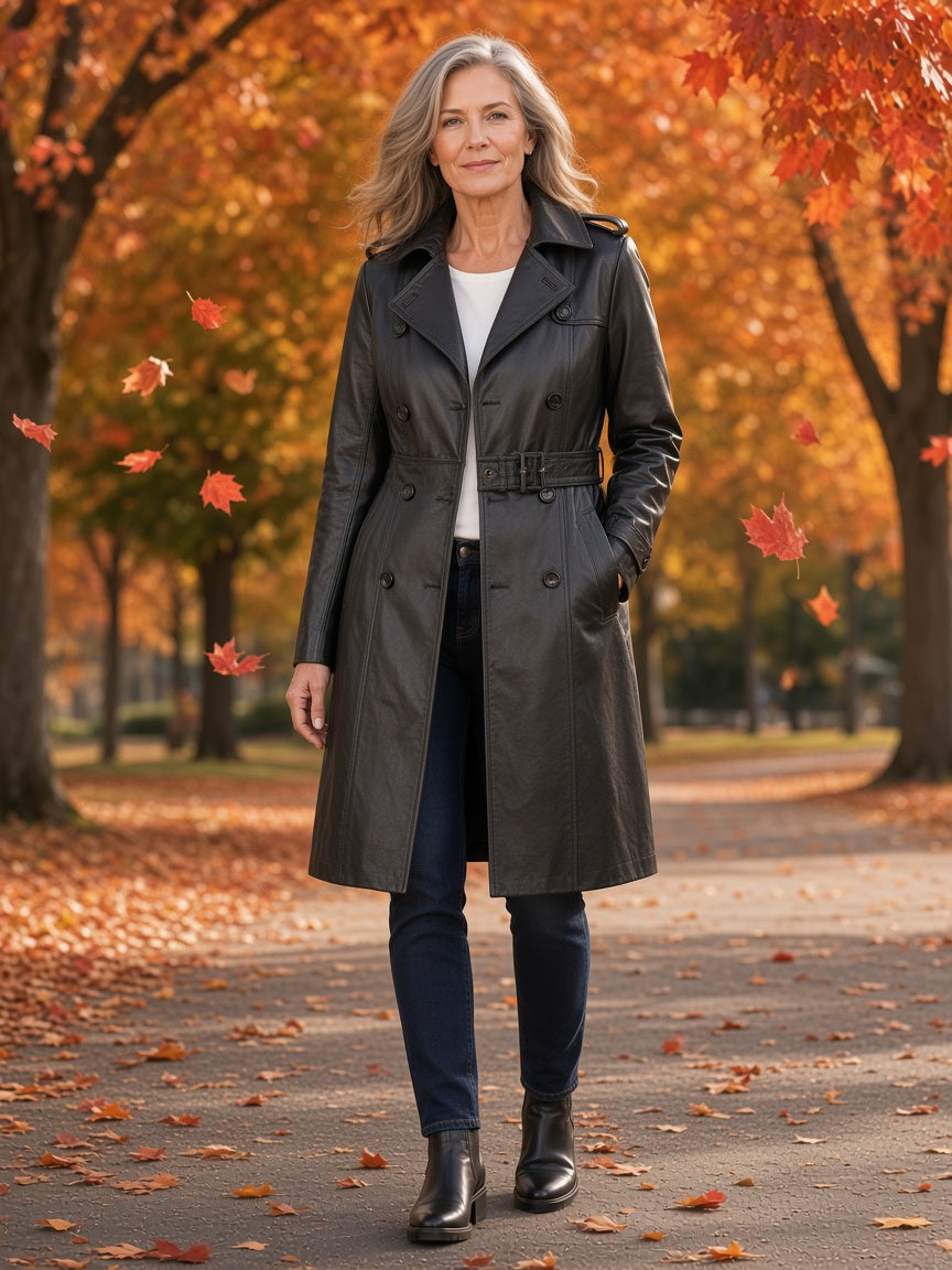 Alice Black Double Breasted Leather Coat