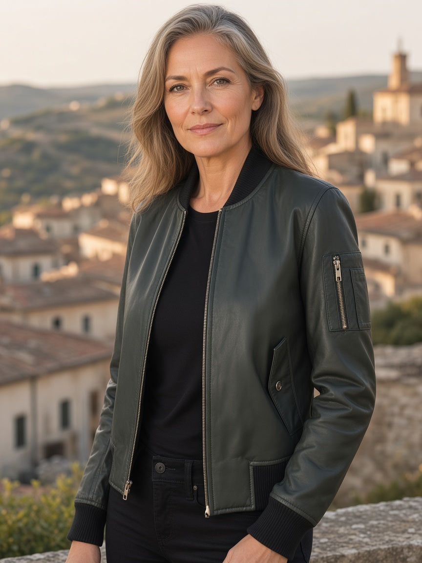 Ava Ma-1 Green Leather Bomber Jacket