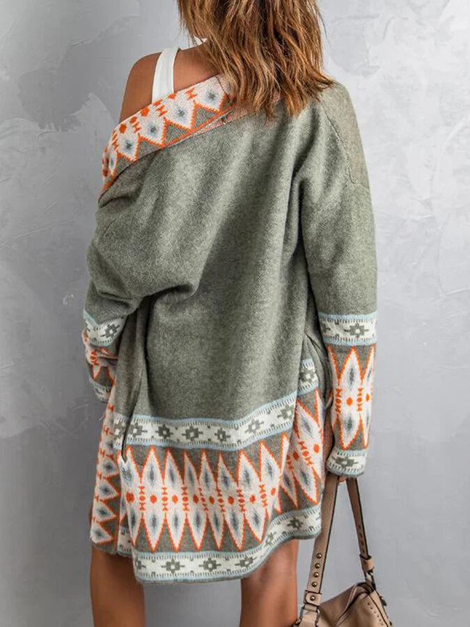 Women's ethnic style AZTEC printed loose knit cardigan.