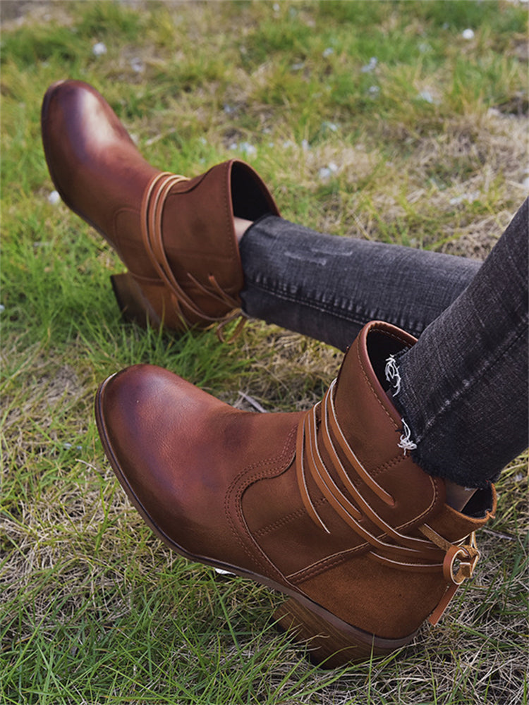 Wisherryy Laced Washed Leather Patchwork Ankle Boots