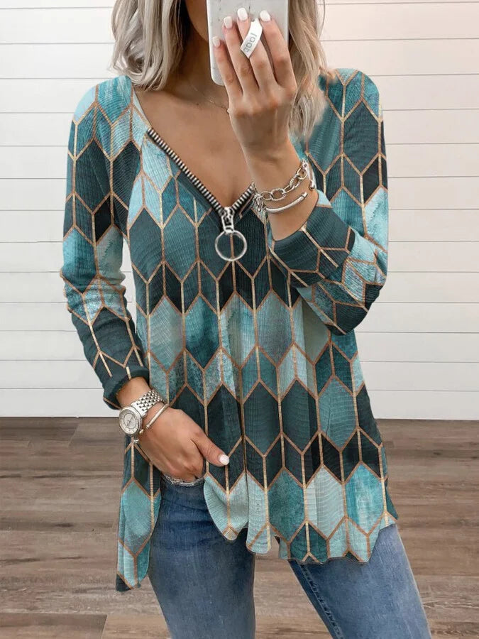 Women's Vintage Geometry Print Long Sleeve T-Shirt.
