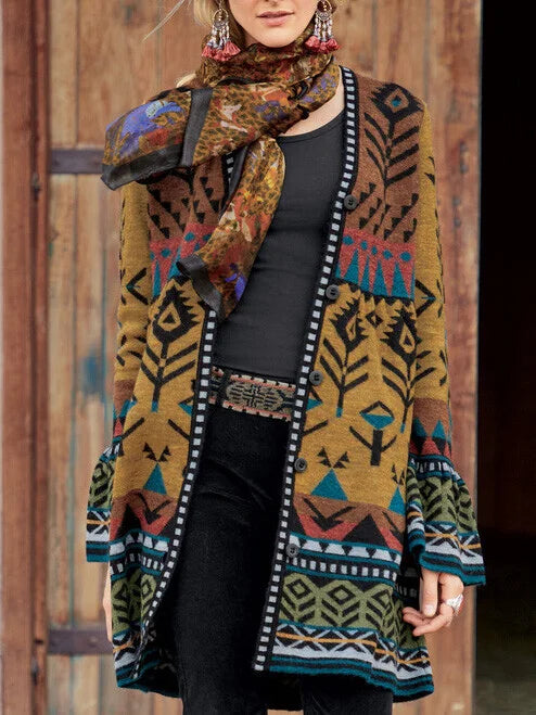 Printed Vintage Long-Sleeved Cardigan Jacket.