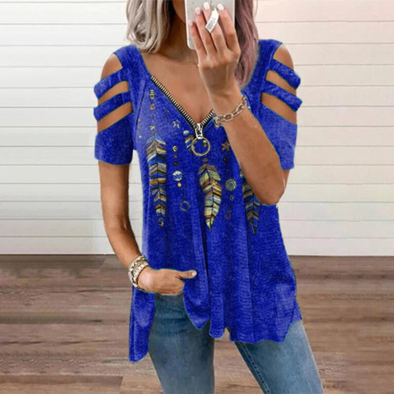 Wisherryy Cutout Feather Print Long Sleeve T-Shirt