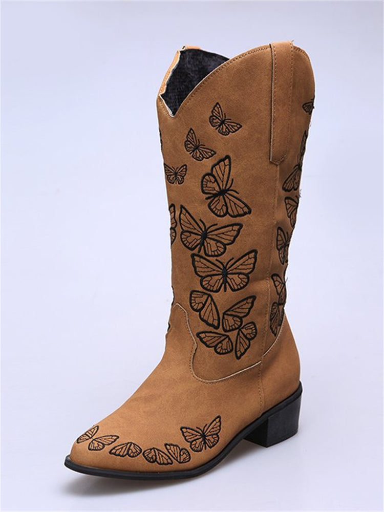 Butterflies Embroidered Wide Calf Boots