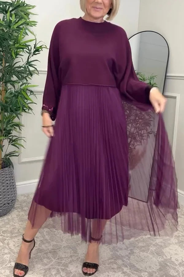 Fenna Ribbed Sequin Trim Batwing Sleeve Sweater and Pleated Tulle Stretch Tank Midi Dress Two-piece Set