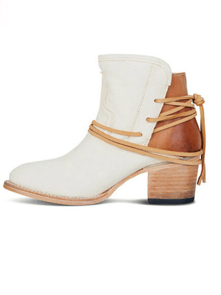 Wisherryy Laced Washed Leather Patchwork Ankle Boots