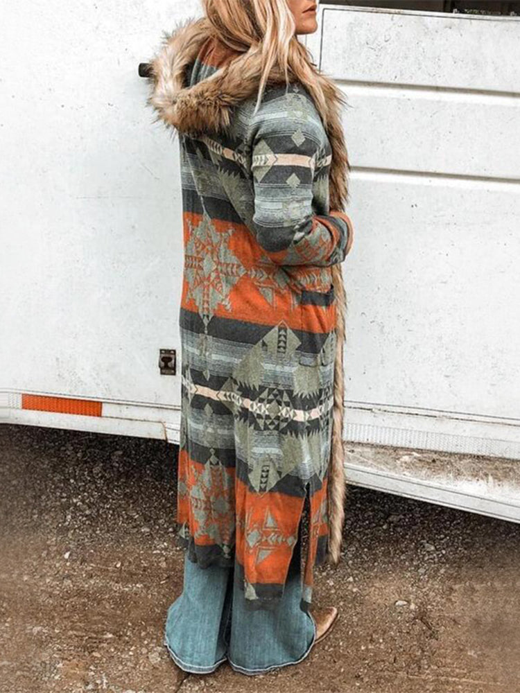 Western Style Retro Fur Collar Long Cardigan Jacket