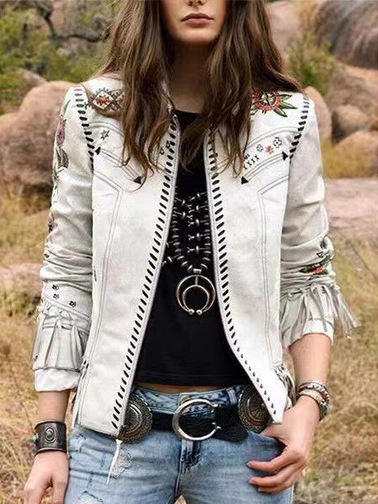 Vintage Western Style Long Sleeve Print Tassel Coat.