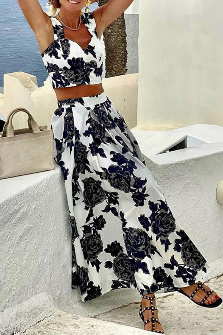 Fashion Printed Suspender Top And Skirt Two-Piece Set