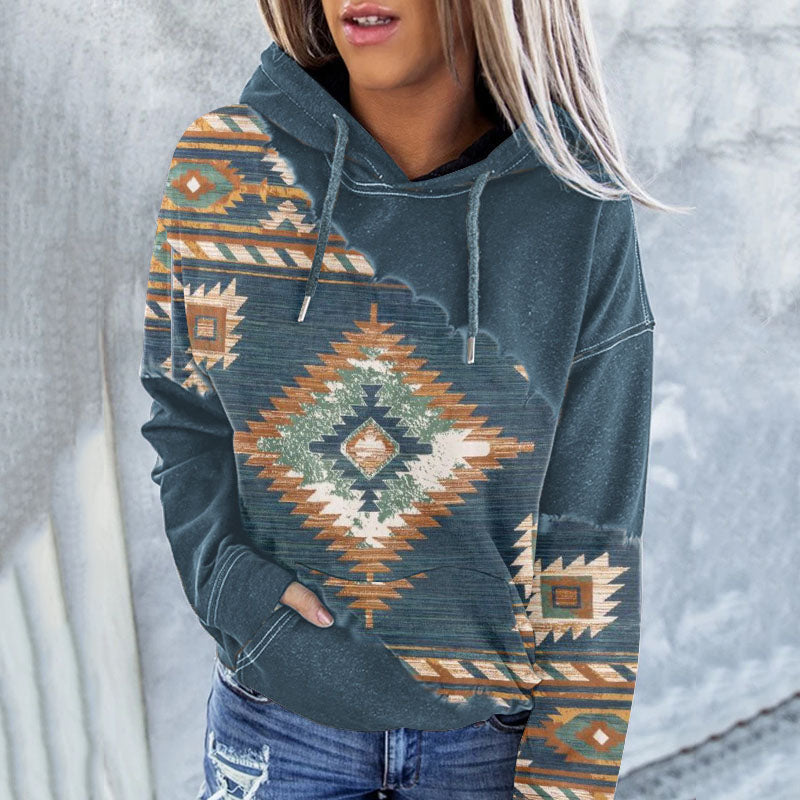 Wisherryy Casual Printed Loose Long-Sleeved Hooded Sweatshirt