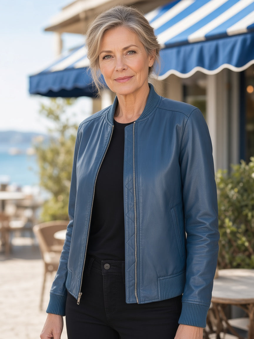 Bliss Blue Leather Bomber Jacket