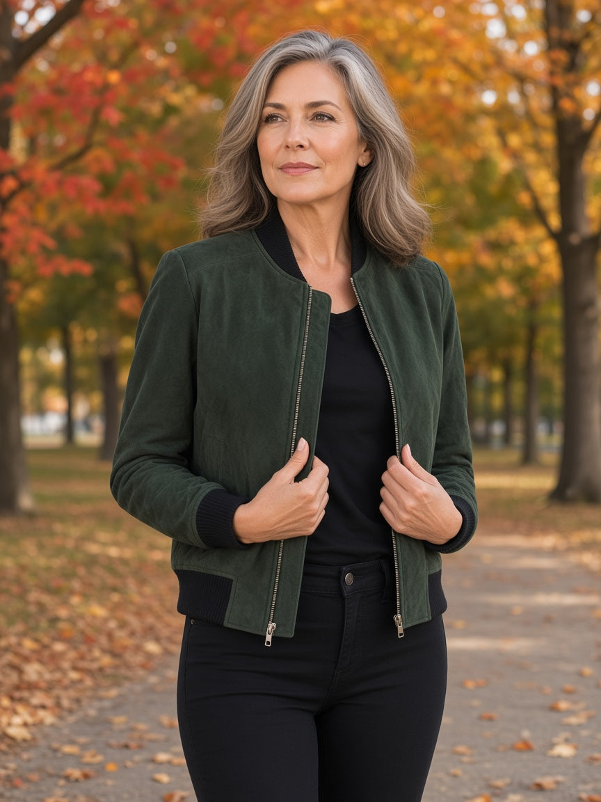 Bliss Green Suede Bomber Jacket