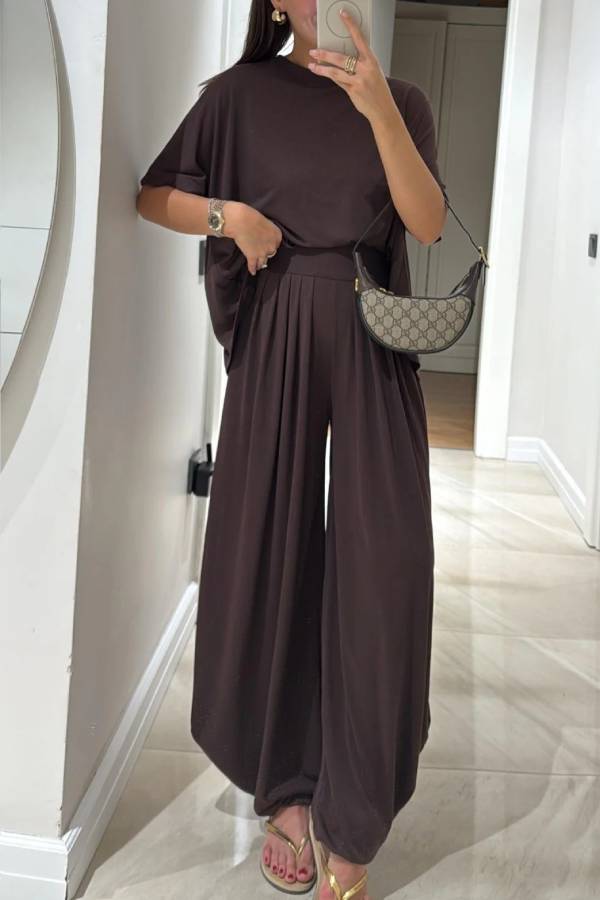 Light Grey Casual Top and Wide-leg Pants Set