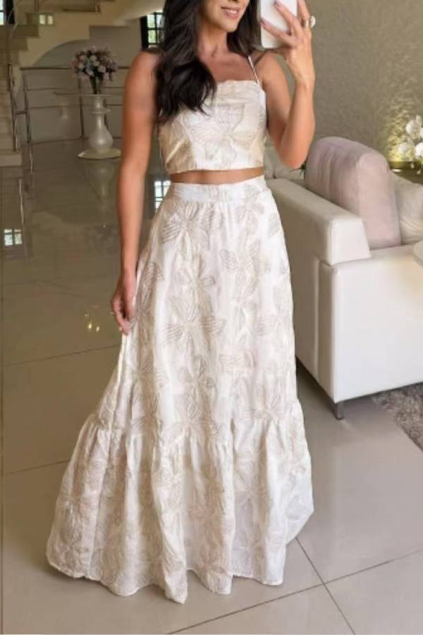 Fashion Sexy Suspender Top Elastic Waist Long Skirt Set