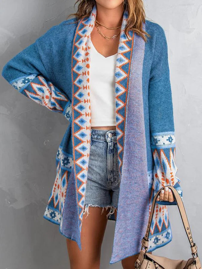 Women's ethnic style AZTEC printed loose knit cardigan.