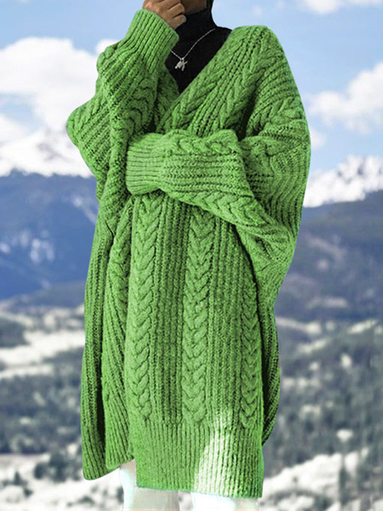 V-Neck Solid Color Mid-Length Sweater Cardigan