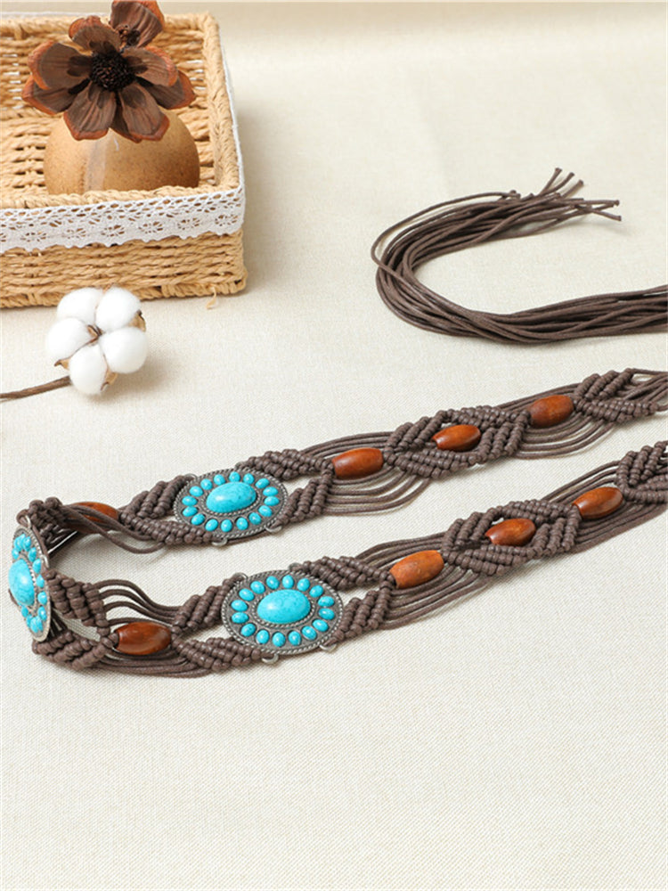 Wisherryy Western Turquoise Hand Woven Beaded Belt