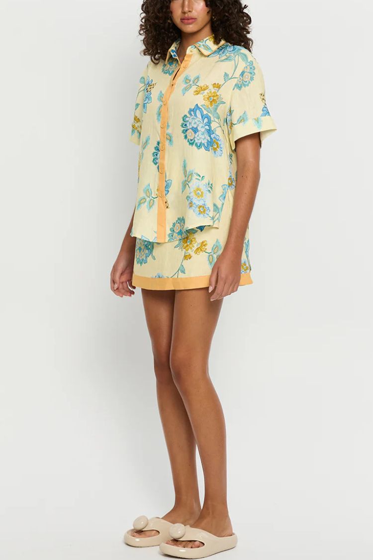 Giselle Linen Blend Floral Print Short Sleeve Shirt and Zipper Mini Skirt Set