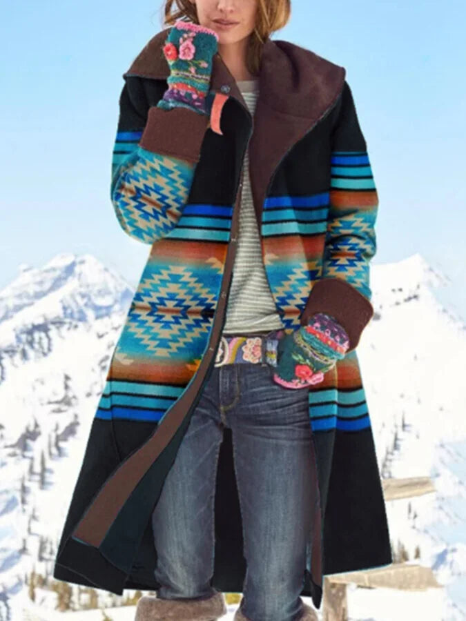 Women's retro ethnic print woolen coat.