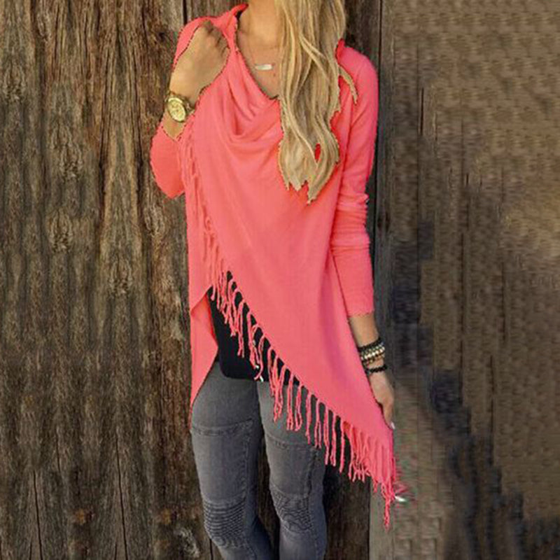 Wisherryy Solid Color Casual Fringe Long Sleeve T-Shirt
