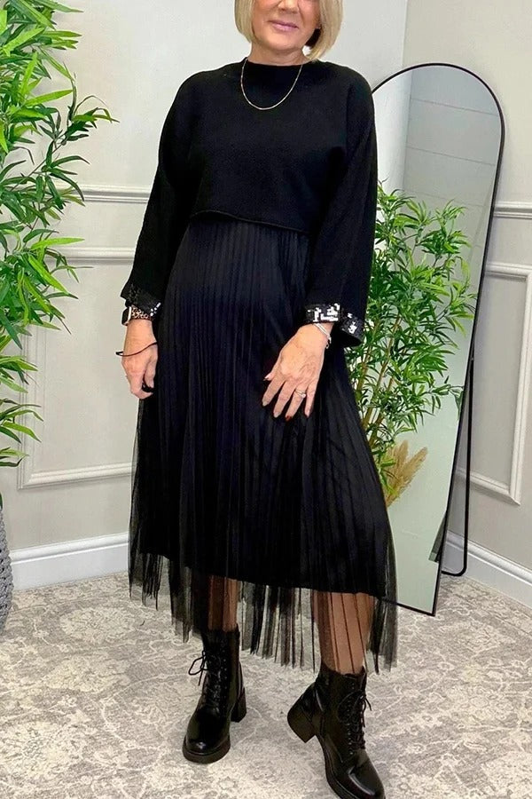 Fenna Ribbed Sequin Trim Batwing Sleeve Sweater and Pleated Tulle Stretch Tank Midi Dress Two-piece Set