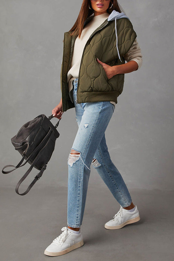 Fall and Forever Zipper Pocket Hooded Quilted Cotton Vest
