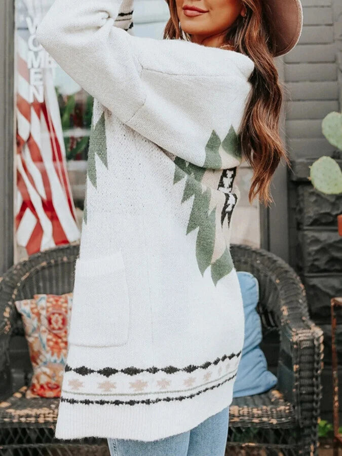 Mid-Length Jacquard Sweater Cardigan.