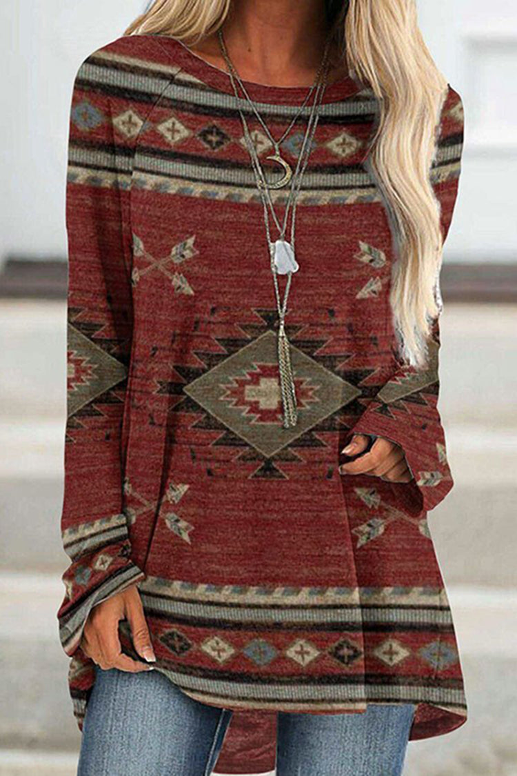 Western Print Casual Crew Neck Long Sleeve Tunic