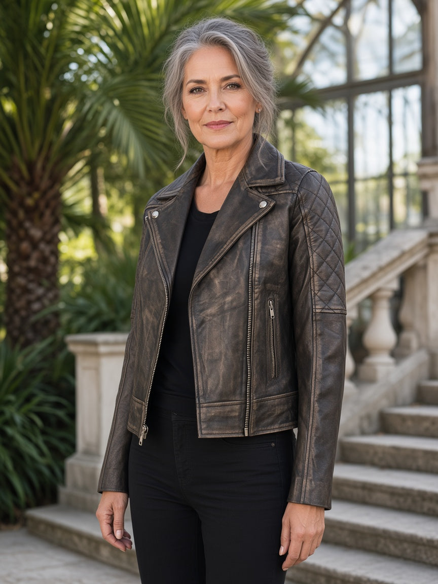 Carolyn Quilted Distressed Brown Biker Jacket