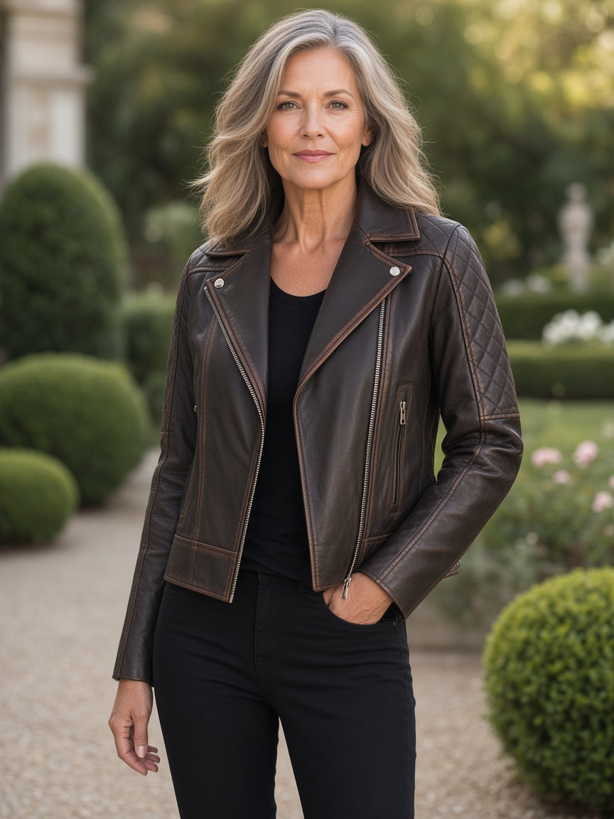 Carolyn Quilted Vintage Brown Biker Jacket