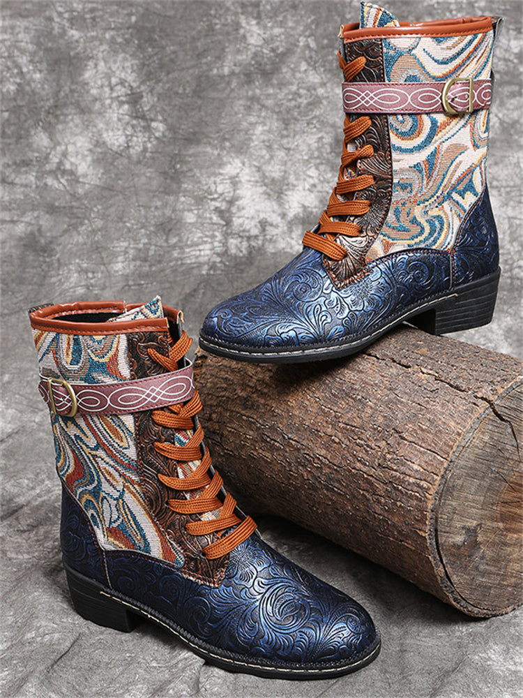 Vintage Floral Carved Patchwork Ankle Boots