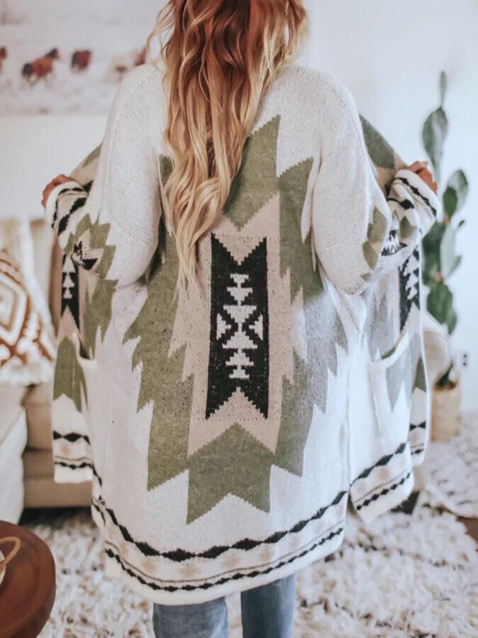 Mid-Length Jacquard Sweater Cardigan.