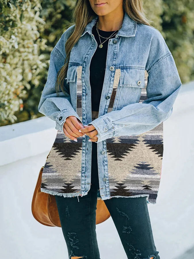 Women's western style aztec print stitching denim jacket.