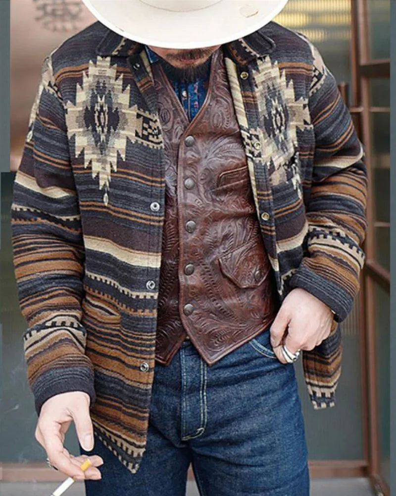 Men's slim fitting long sleeve Vintage printed cardigan coat