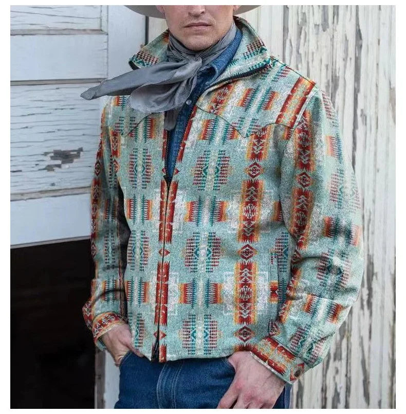 Slim fit Lapel print men's coat European and American style leisure retro wool jacket