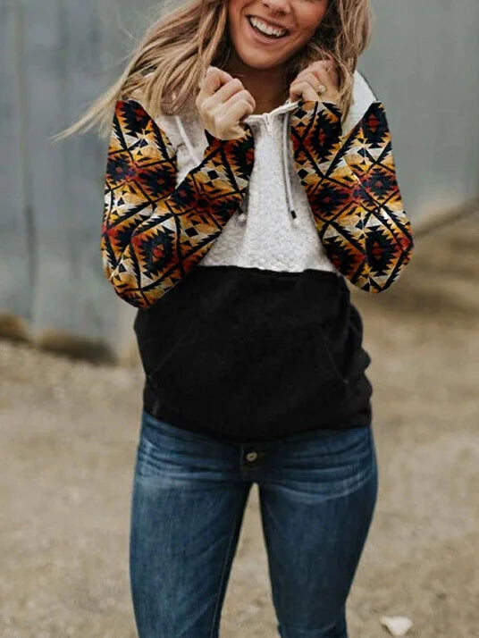 Retro Ethnic Style Patchwork Hoodie.