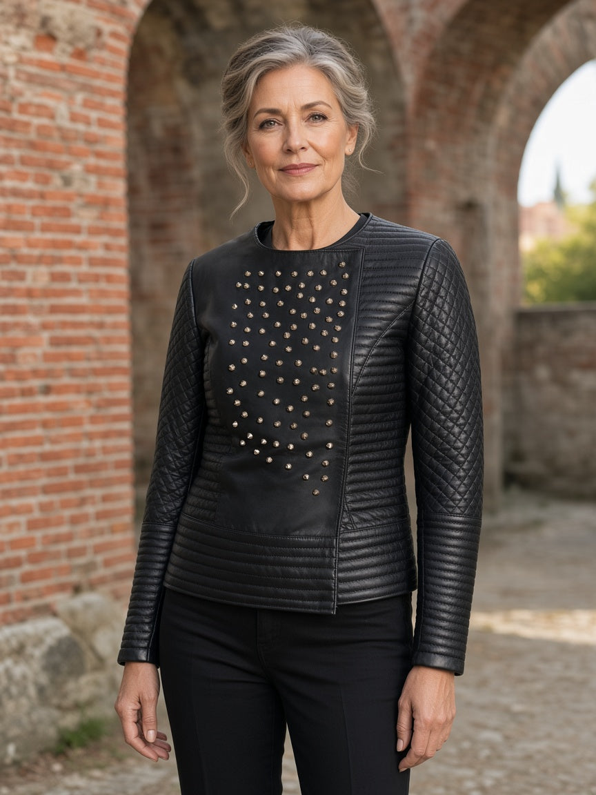 Celeste Studded Black Leather Jacket
