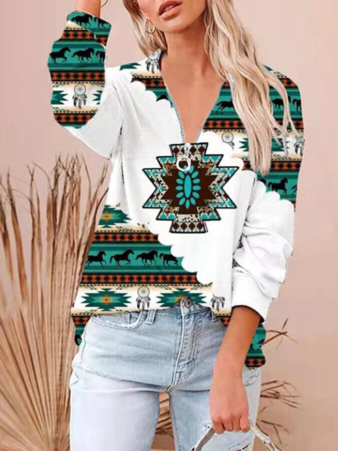 Women's Vintage Aztec Pattern Printed Casual Zip Neck Sweatshirt.