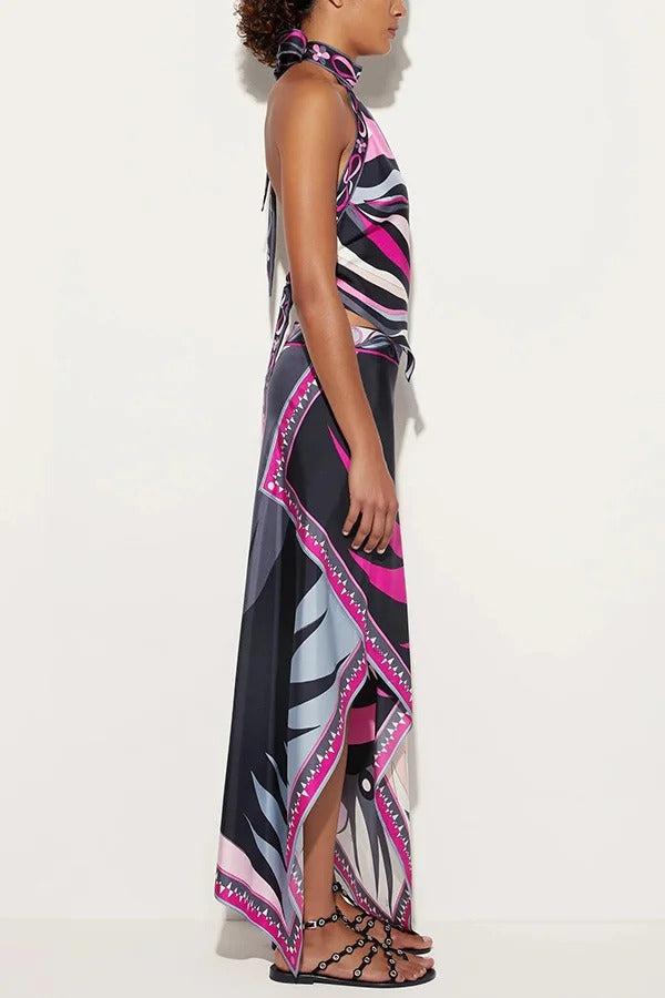 Satin Unique Print Halter Top and Irregular Midi Skirt Set